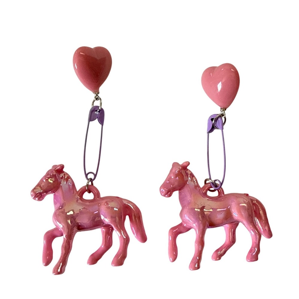 Pink Iridescent Horse Safety Pin Heart Drop Earrings Kitsch Kidcore Jewelry